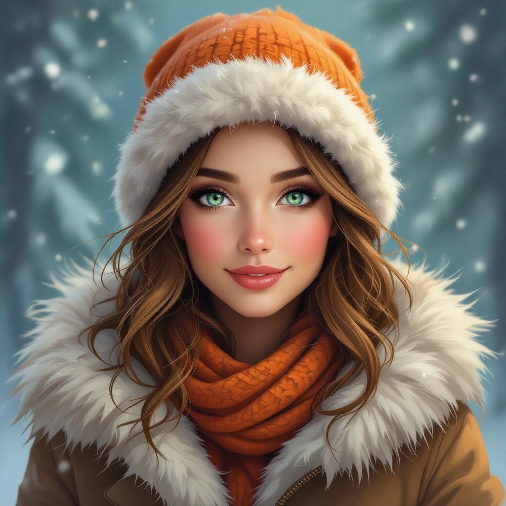 Kobieta o jasnobrązowych włosach, ubrana w zimową czapke w kolorze pomarańczowym i jasnobrązowe futro. Niebieskozielone oczy. Uśmiechnięta. 
