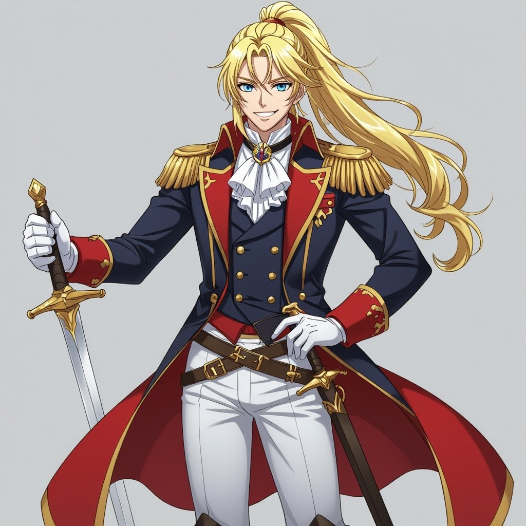 A Prince, Blonde ponytail, blue eyes, red and gold regalia, delete crown, sword at his hip, happy smile, late twenties for age, white gloves, black knee-high boots, Double-breasted suit, White trousers