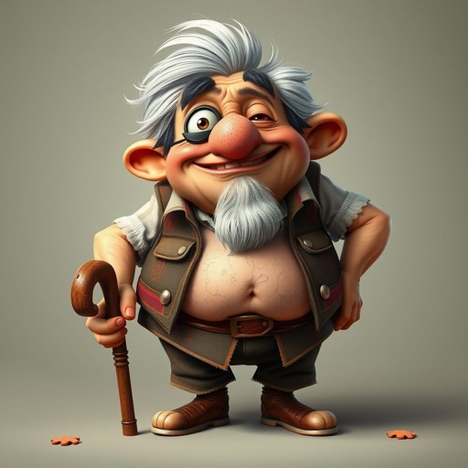 Create a funny old character who has 1 eye patched. Make him fat with a cane. Show his whole character head to toe in image 