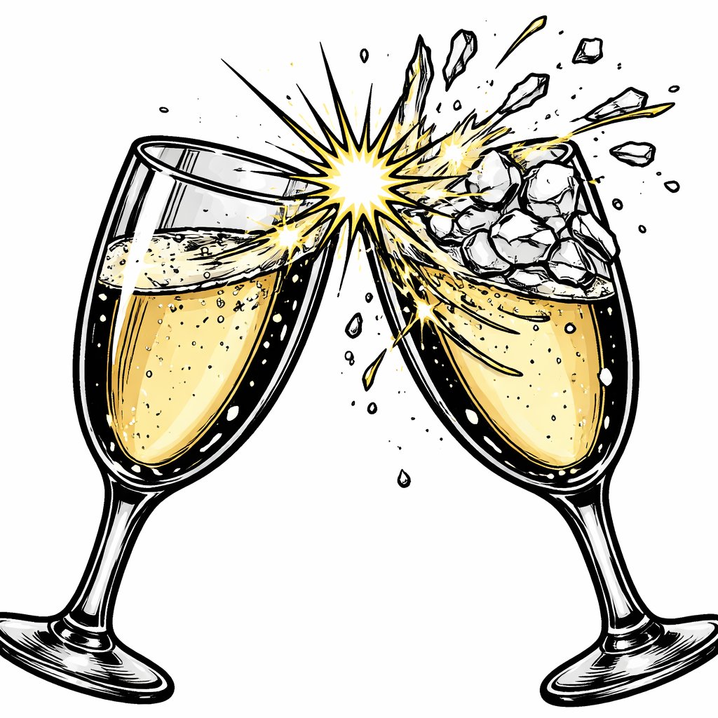 Tight close-up two champagne glasses, clinking. One shatters.