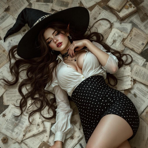 Brunette Elf Wizard Librarian with Long brunette hair in a tight black and white polka dot mini pencil skirt and a white open blouse and a witches hat. She is lying on the floor drunk.