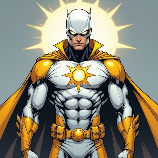 NO CAPE NO BELT NO CAPE NO BELT Super Hero. Half Helm. bright Whites and yellows, slender but muscular,  insignia of the scientific symbol of the sun on his chest. NO CAPE NO BELT NO CAPE NO BELT NO CAPE NO BELT NO CAPE NO BELT