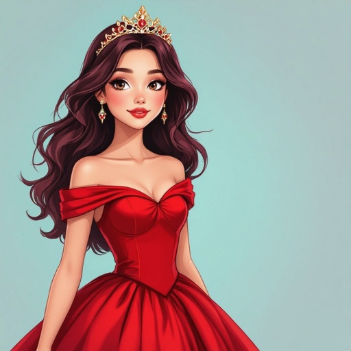 A rebellious but kind teen Princess in a red dress with dark red hair