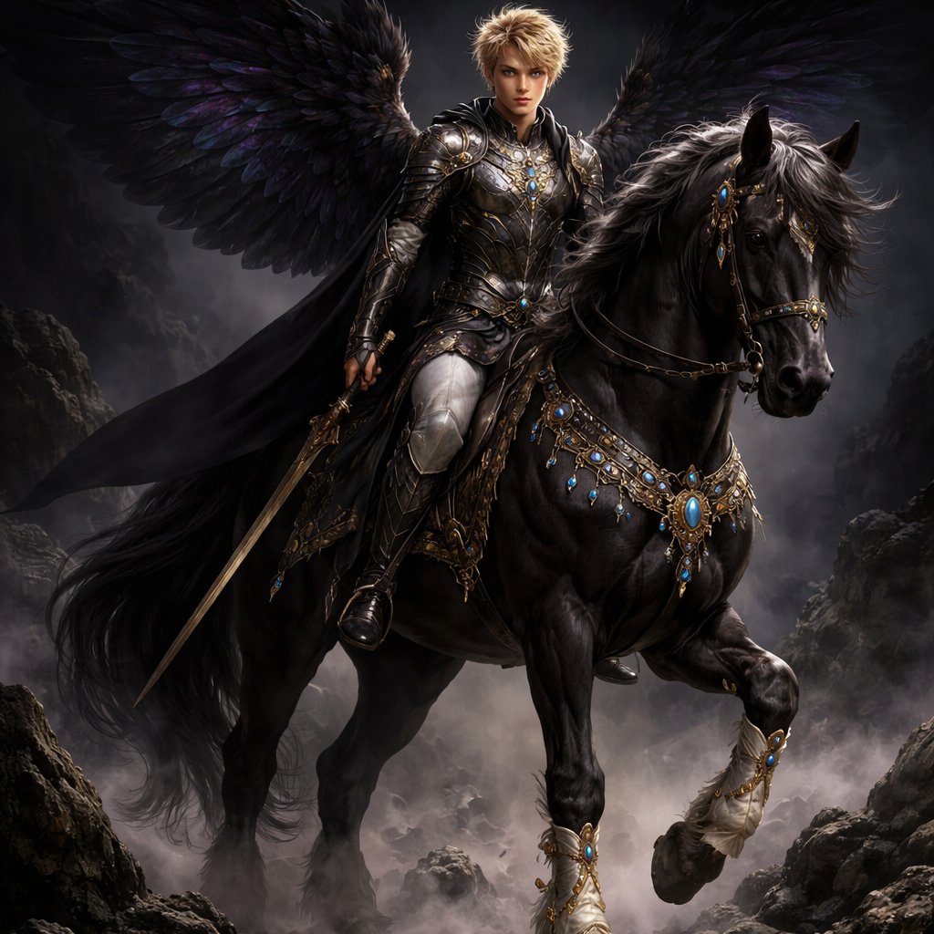 Tan skin and light Blonde hair 19 year old boy with brown eyes. Long dark eyelashes and irises with gold flecks . Black background with dark fog and rocks. She’s riding a regal horse. She has dramatic black wings with a purplish hue. She’s wearing a skin tight decorated armor. The horse has white leg wraps on its feet with gold gems. The horse has jewelry and studded tack. The horse is black and tall