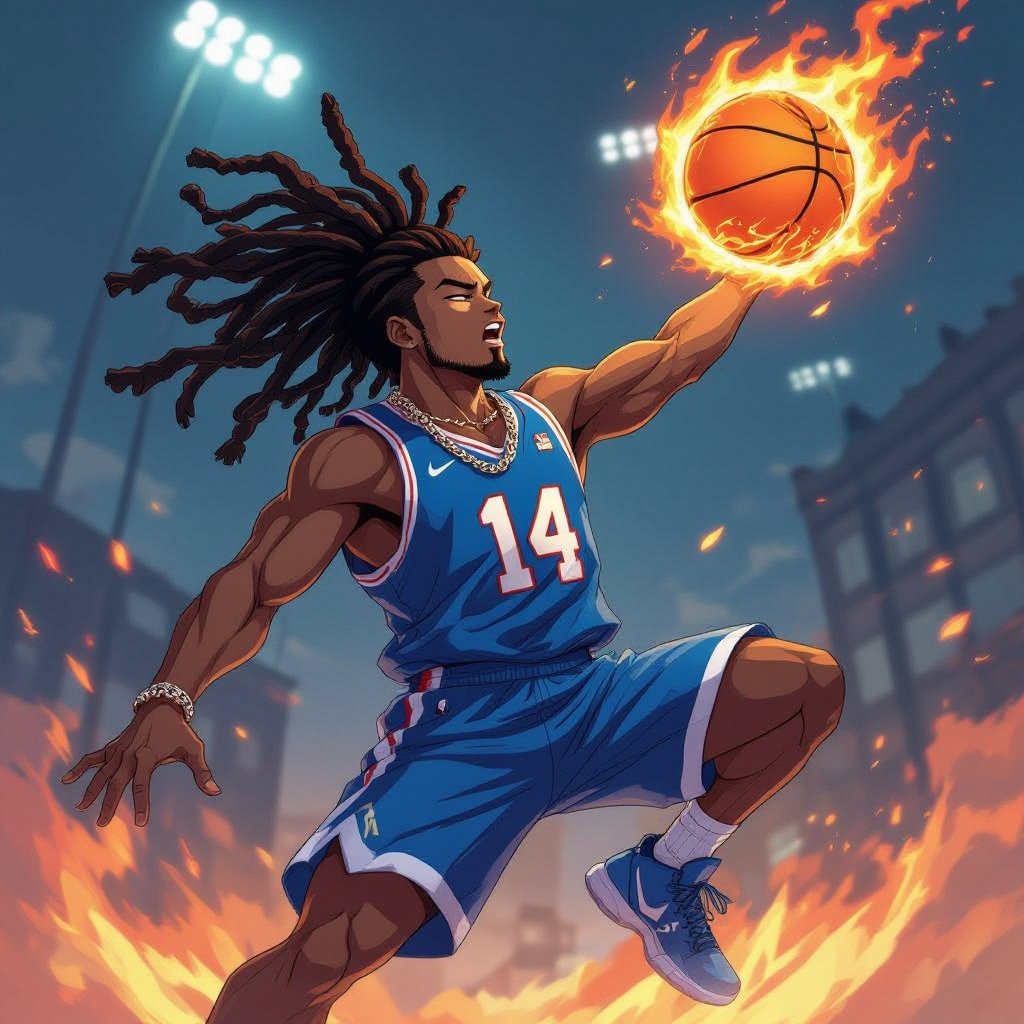 My character is a kind of muscular guy with bright light skin with 12 big dreadlocks and a blue basketball jersey with the number 14 and a chain on his neck and he is jumping high in the air to dunk a fire ball