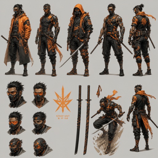 Male mercenary, orange color palette, enhanced physical abilities, mask and goggles, sword, multiple of the same character 