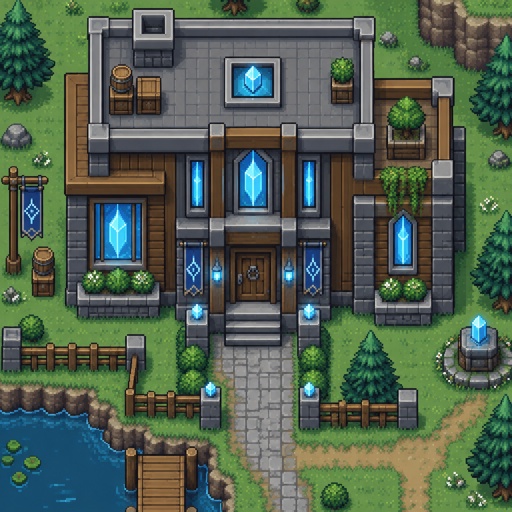 house unique for a modern fantasy game, exterior, top down style, shading and highlights