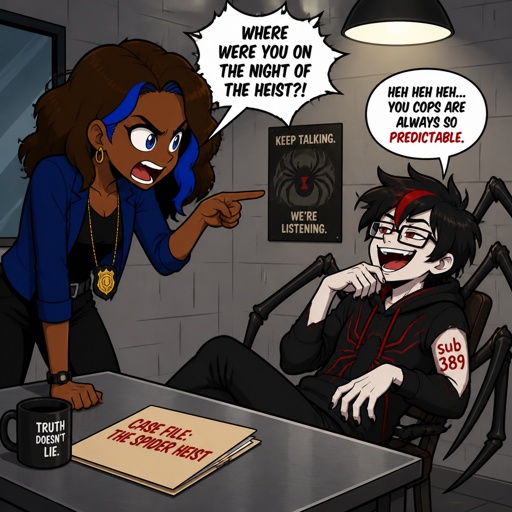 Anime style, Ruby she's dark skin with brown hair and light blue, streak, serious, intimidating, makes sure she gets all the answers she needs,very good at interrogating the suspect, is very loud, being calm is hard, loves tea.Anime white male, name Lloyd, hair messy long one loose braid, black hair with light red stripes, clean shaven,red eyes, long scary fingers spider fangs,glasses, sarcastic, cold, laugh mockingly, traumatized,was a unwillingly experiment many years before getting rescued, no memory of his past, has power of a spider, poisonous makes spider webs with his hands, can communicate and control spiders, on right arm a print says sub 389, doesn't remember anything from his past,very dangerous, being taken care of in a special agency.there all in the same room asking Lloyd questions,Lloyd is wearing casual clothes ,as a comic 
