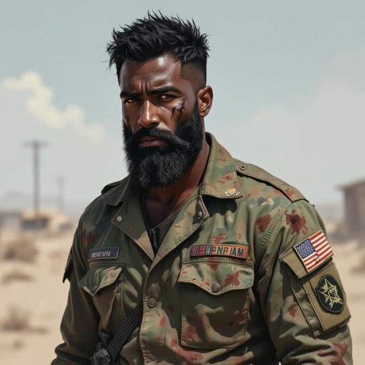 A black man with a black beard and black hair wearing a vet uniform