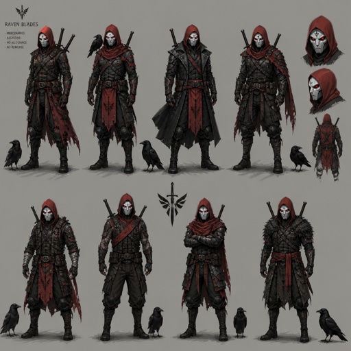 male Villian mercenary, red hood full white face mask, two swords on back, red eyes, crow, multiple of the same character 