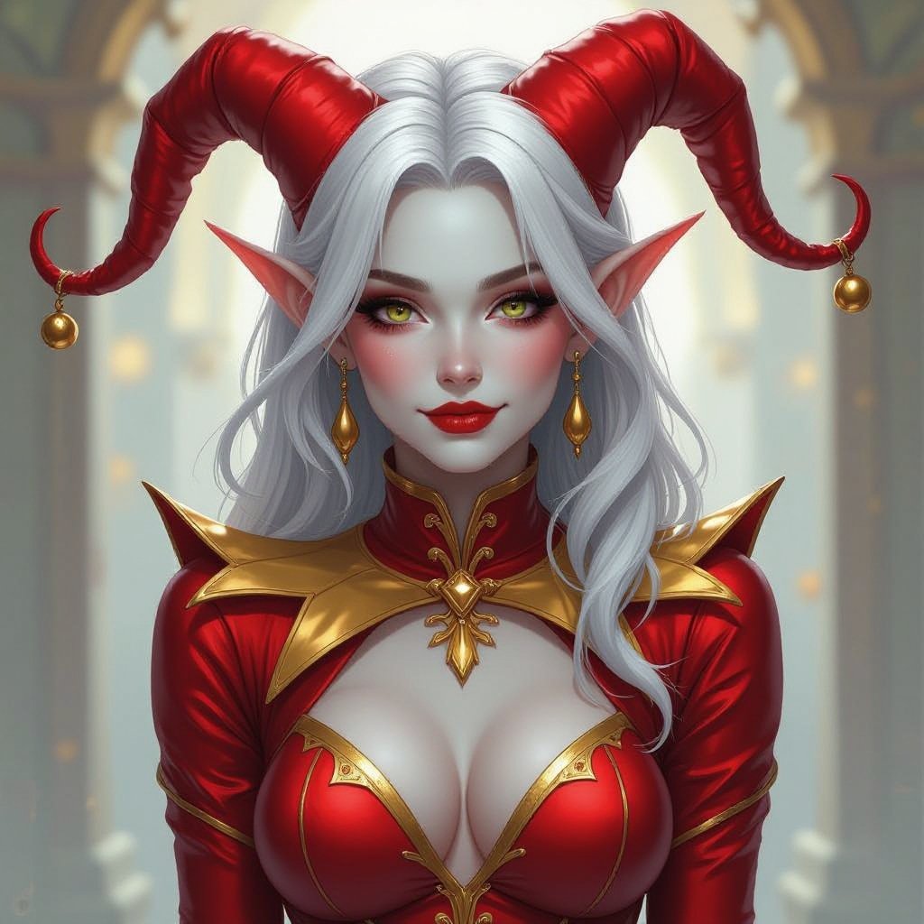 White Skinned Silver Haired Tiefling Jester in a Red and Gold skin tight jester bodysuit