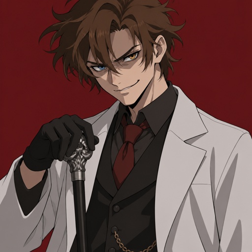 Male,young scientists,lots of bushy messy brown hair part sticking up on the sides is also drooping down in the middle of his forehead linger strands of hair over his ears,  heterochromia eyes,facial shad,evil smirk,has a cane