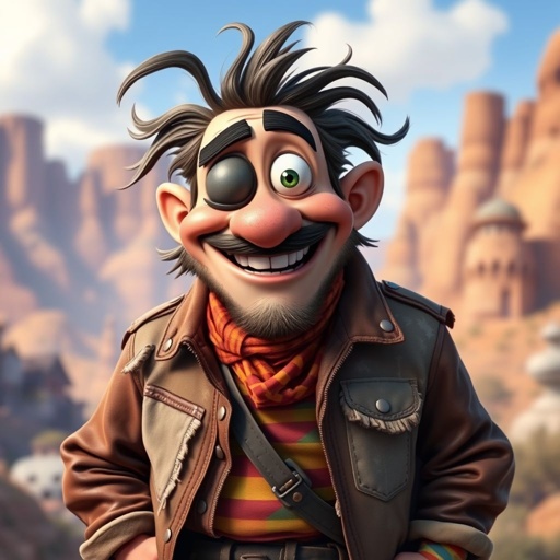 Create a funny adult guy name one eye Willy, who has one eye patched, show entire body head to toe 