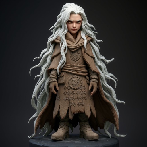 Create character hero The Silver-Eyed Wanderer – A tall, androgynous figure with hair that white. piercing silver eyes seem to see both past and present at once. a long, tattered cloak covered in stitched symbols from lands unknown. Show her whole body head to toe including her shoes.