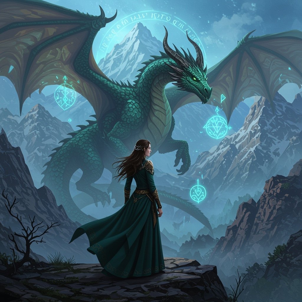 Women with a dragon in the mountains 
