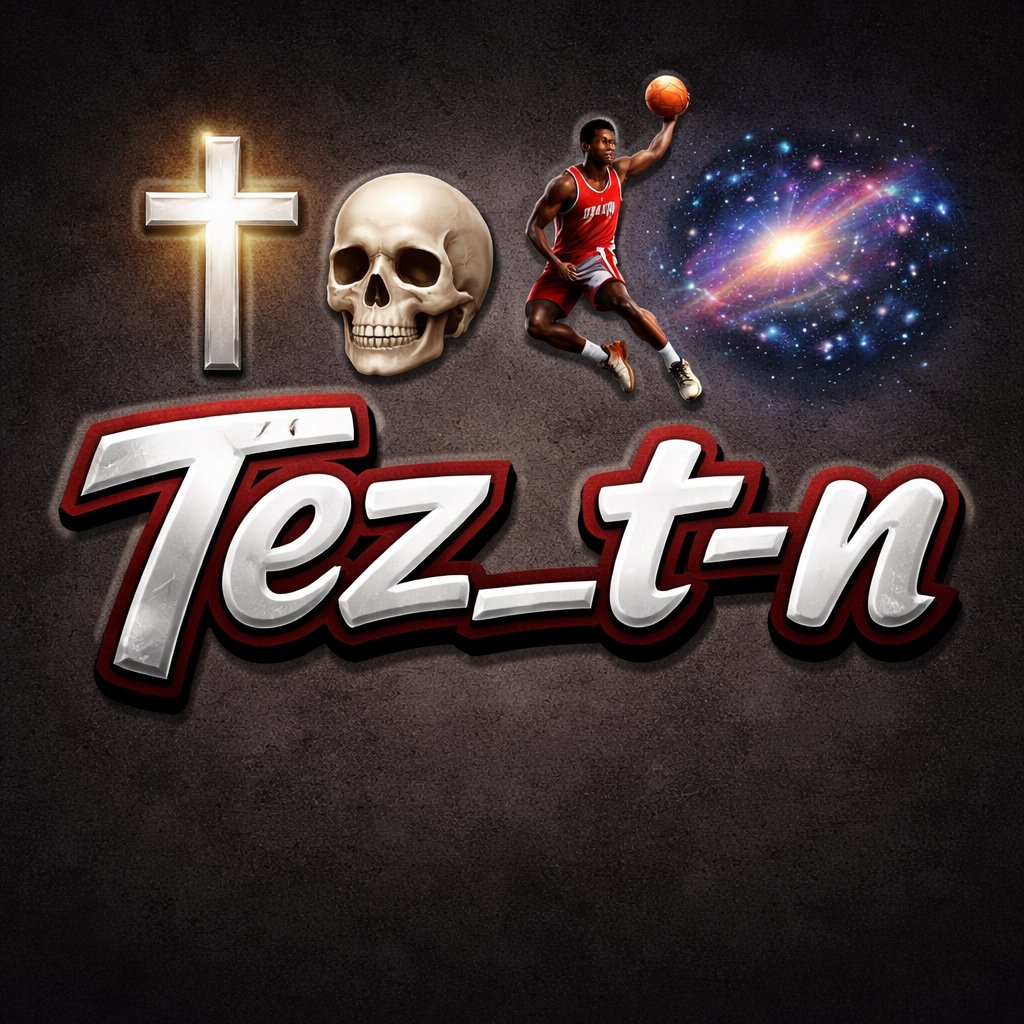 Words spelled just like this: Tez_t-n with these emojis above the word ✝️💀⛹🏾♂️🌌above the name Tez_t-n with glowing lights that glow at the same time the colors are red black white gray and blue