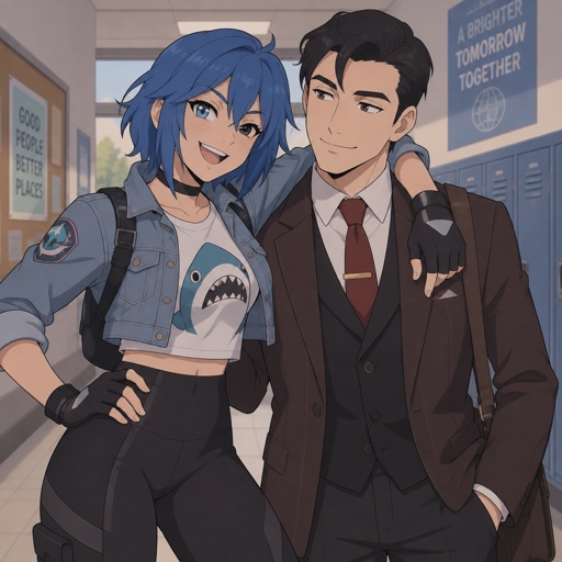 Light rider from Fortnite, neck length blue hair, cropped jean jacket black leggings, tshirt with shark on it, gloves, Squire from deceive inc black hair short, arm around shoulders, smiling, school background
