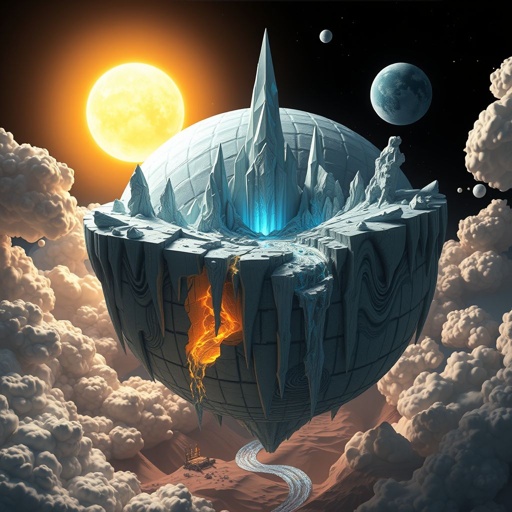 Create a planet like visual from outer space like if you were looking at earth instead here is the planet details Planet Name: Sclomar A fractured world lit by two suns — one golden, one icy blue — casting endless twilight skies. Floating continents spill waterfalls into swirling clouds, and glowing crystal spires pierce the land, fed by the planet’s pulsing core. Silver forests grow beside molten rivers, and stardust sands hide ancient ruins under shifting constellations.