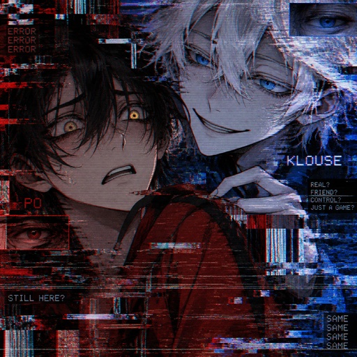 Male, Asian, neck length black hair, yellow eyes, eyeliner, wears red casual clothes, scared, small mouth, male, fluffy white hair, big blue eyes, long smile, snobby, wears blue, the Asian guys name is Po, the white haired males name is Klouse