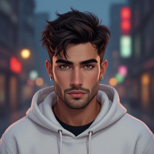 Mężczyzna o krótkich, ciemnobrązowych, włosach. z krótkim zarostem.  ciemne oczy. Ubrany w białą bluzę z kapturem. Wąskie usta, Gęste brwi. Bez kolczyków