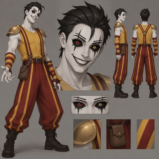 Male, white painted skin, black slick spiked back hair, one hair strand on forehead, completely black eyes, one red one yellow pupil, one black spike under eyes, black lines above lines under eyebrows, big smile, sleeveless yellow shirt, red suspenders with yellow stripes baggy, red and yellow striped arm warmers, plain gold shoulder pads, small brown sack attached to belt, cartoon style