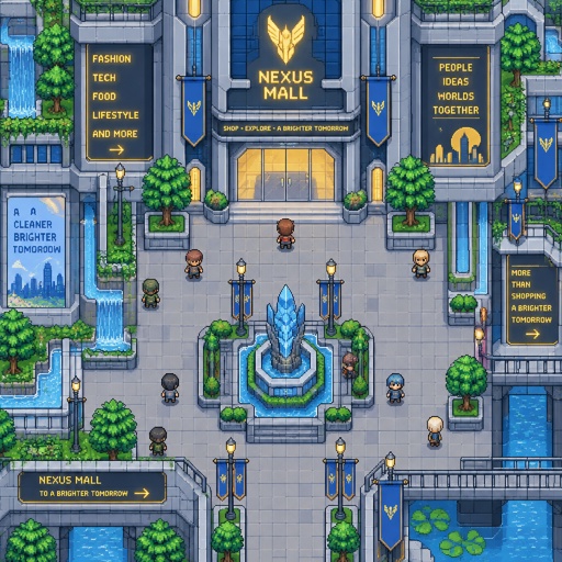 Outside of Mall building for a futuristic fantasy city game, exterior, top down style