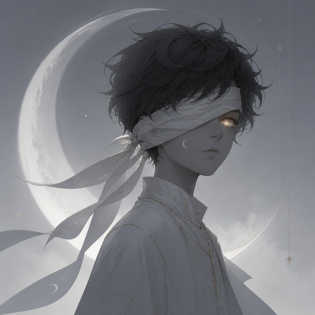 male moon child with blindfold only right eye showing