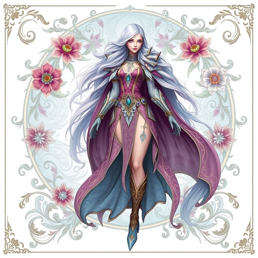 Create a battle woman hero called Alvara the Frostheart. Show full body head to toe including shoes