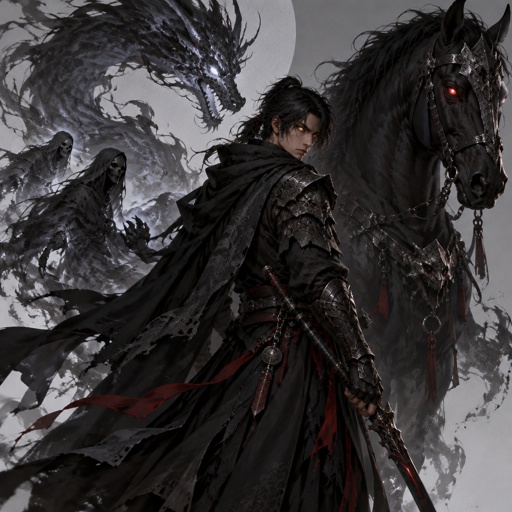 dark abyss assassin, dragon eye, large horse companion, spirit summoning abilities, black hair
