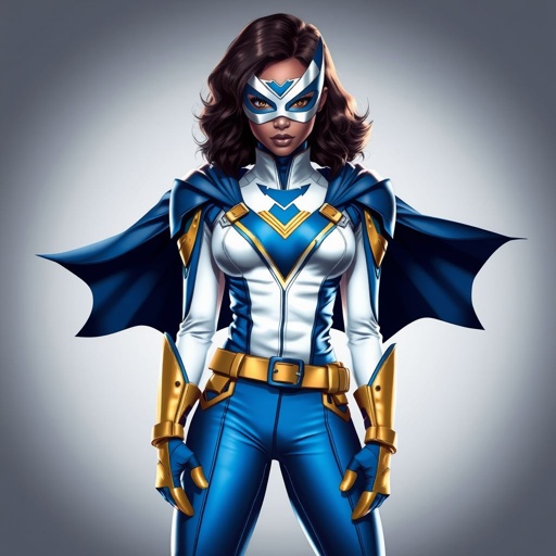 A teenage African American female with shoulder length curly hair  in a side part style superhero  wearing a mask and a professionally made slightly armored white and blue suit with blue pants gold accents and a stylized V as her chest emblem a utility belt and gold boots