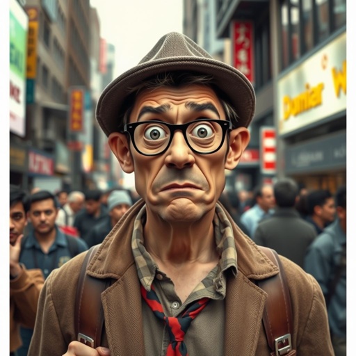 Create a funny looking paranoid man in the world, with a not so stylish outfit head to toe