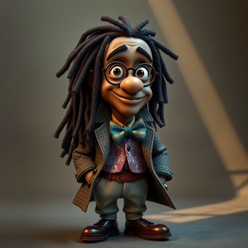 Create a funny character similar to Sherlock Holmes, but make him of black decent and with dread locks. Show his whole outfit including his shoes.