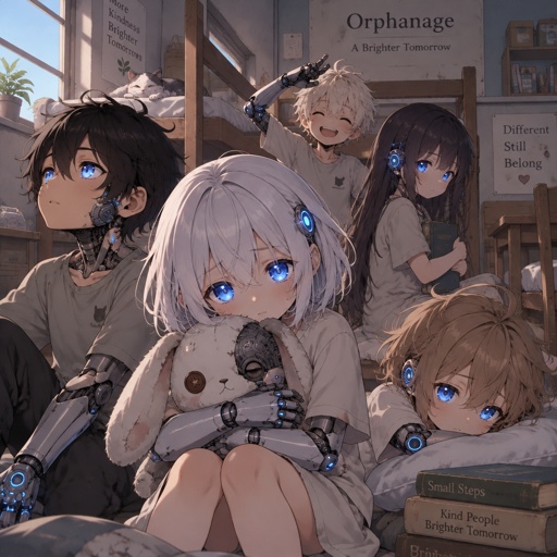 Various cyborg children, orphanage