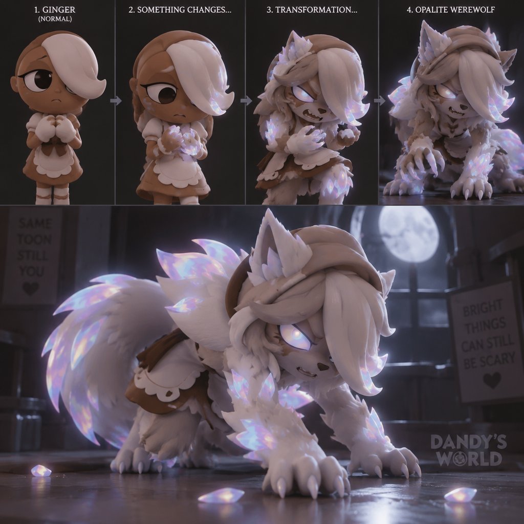 Ginger from Dandy’s world turning into a Opalite Werewolf