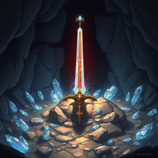 Most powerful glowing ancient magical sword in existence stuck point down in a cave floor. No one is in the cave