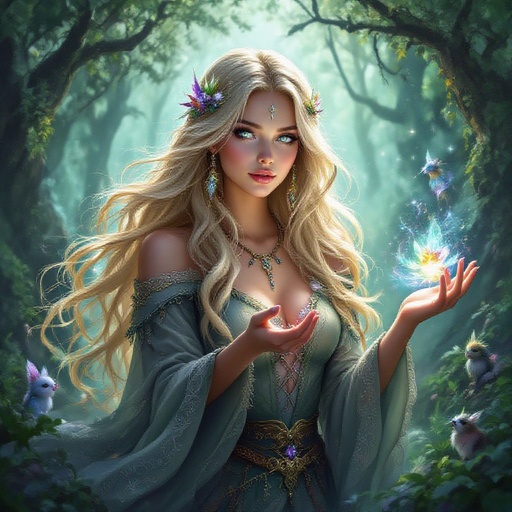 witch with shimmering long blonde hair and skin and small creatures all around her 