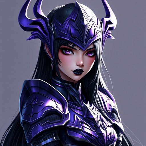 Purple and black armoured Girl with jet black long hair with dark purple eyes that glow and black eye shadow and black lipstick