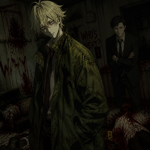 Anime style Male great detective takes his job real seriously and is really good at it in his mid 20s with medium really crazy messy light blonde hair, tall thin, tied, clean shaven, strange green eyes wearing a baggy loose mossy green jacket tired face,partner looking annoyed but also concerned for him, trying to take this case seriously, talking about crime scene what could have happened, very gruesome,person unknown, detective will do whatever he can, his parent and him get into arguments usually his partner will say "you really need some rest you can barely stand and your speaking trails off, how do you expect to finish this case with the little sleep and food you eat" detective will reply" all I need is some coffee, I can survive and I don't plan on resting till I get to the bottom of this, worrying never helps with anything"as he yawns and starts nodding off