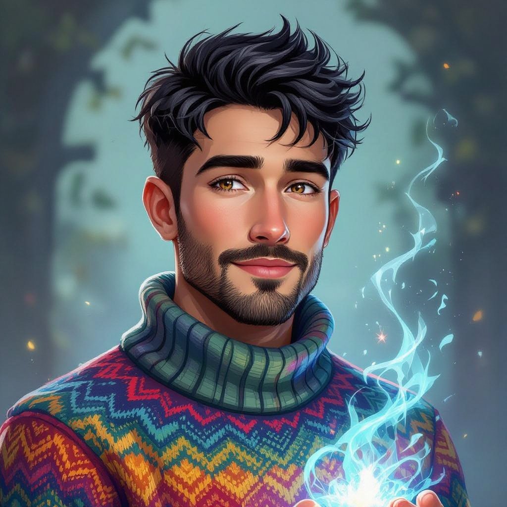 Mężczyzna o krótkich, czarnych włosach, zadbanej brodzie i wąsie w kolorowych sweterku