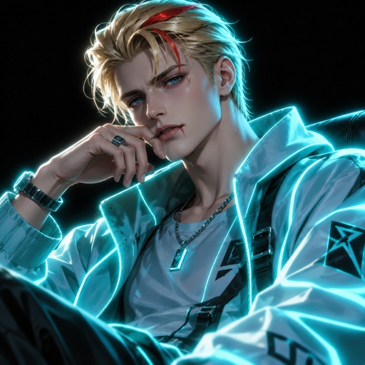 Male, blonde greased brushed back hair, curl on forehead, red streak in hair, scar on lip, blue eyes, slim, designer, cyan casual clothes,