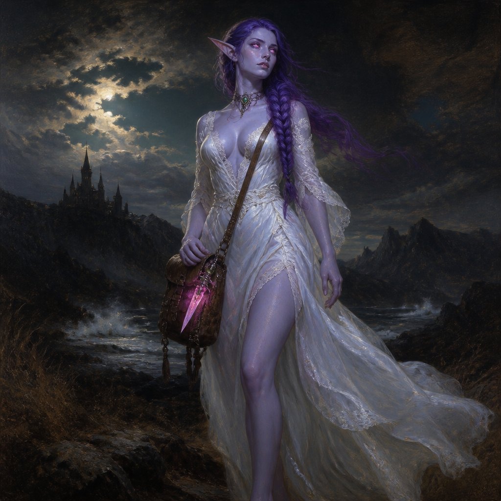 I am creating a fantasy character name Sylie Wraithwood. I would like a full body portrait of Sylvie. She is a young woman who is 5 foot and 10 inches tall. She has a slender waist, with medium large sized breasts and very wide hips and thighs. She has an hourglass figure. Her skin color is light lavender. She has defined cheekbones. She has plump, soft, natural pink lips. She has sharp, arched eyebrows and one eyebrow has a slit from a small scar in it. She has very pointed, elf like ears. She wears winged eyeliner and light blush. Her eyes look like swirling, sparkling portals that are shimmering with a soft, baby pink color. She has very long and thick violet colored hair that is kept in a long side braid and has a few loose pieces of face framing pieces in the front. She wears winged eyeliner a white silk gown that clings to her curves but flows loosely at the ankles. The gown has a slit in the side that comes up to the hip. The gown has long sleeves made of white lace. The gown shows cleavage with a plunging neckline that has white lace trim. She wears a silver choker necklace that has an oval shaped emerald that sits right at the center of her throat. She has two small silver hoop earrings in each ear. She has a silver hoop septum piercing ring in her nose. She has a brown leather, cross-body messenger bag that holds potions, tarot cards, and a dagger that is adorned with a glowing, fuchsia colored crystal on the center of the handle.