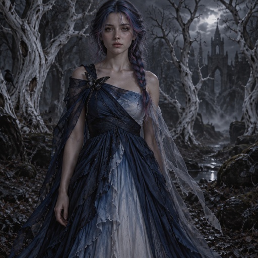 A 17 year old girl who has blue hair with pink and purple stripes and hazel eyes. She is wearing a dark blue dress that has layers. The inner layer is a lighter blue that fades into a soft white. There’s no strap on her left side. The top comes together at her right side and is held together by a blue butterfly which had a prince of clear fabric hanging from it. Her hair is in a low brain that hangs over her shoulder. She stands in a forest surrounded by white trees.  She’s facing at the screen. 