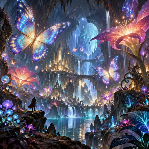 A under ground huge cavern, with giant butterflies, flowers, exotic plants and    