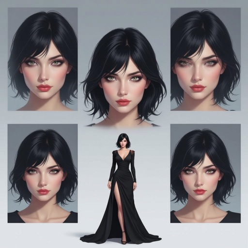 Show character head to toe. Create a mid age mysterious woman jet-black hair is cut sharpand her eyes seem to pierce through darkness. A shadowy aura clings to her form,
