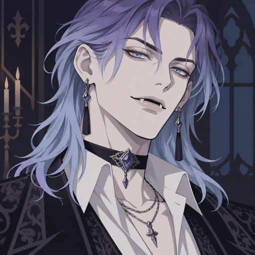 Male, pale, vampire, light blue eyes, cheekbones, shoulder length brushed back hair, back hair over shoulder,  bangs in the middle of forehead, shiny purple and light blue hair gradient, tassel earrings, jewelry, dress shirt, choker, smirk
