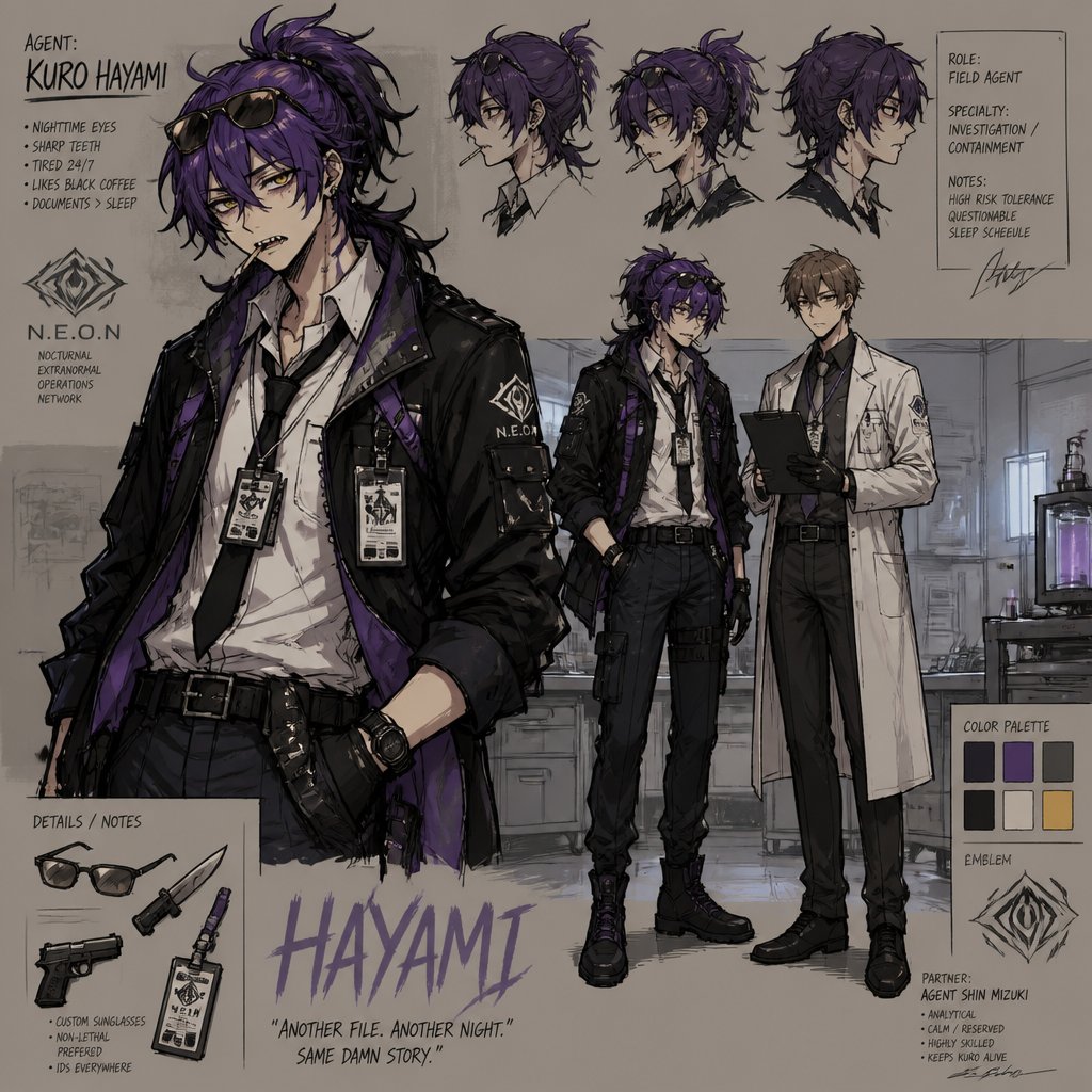 Anime Agent ward,messy hair half side longer in a messy ponytail and drooped down,light deep purple hair black tips,made in a secret lab to be the best weapon and solver, has to be kept in check by lab facility,and they have an emergency back up incase he gets out of control,glow yellow night vision eyes,sharp teeth,sunglasses on head,cares about his partner but doesn’t admit it,likes making jokes, can be reckless mischievous and dangerous,extreme dark powers from lab experiment,best agents,late 20s,thin,exhausted mischievous and reckless,jokes to hide exhaustion,coffee,hates people telling him what to do especially with sleep,intimidating.Partner Riley she has brown hair a little in the middle of the neck curly,brown eyes, serious,goes by the rules, gets annoyed by ward is also concerned about him try’s to convince him to rest sometimes works,doesn’t like his jokes during work