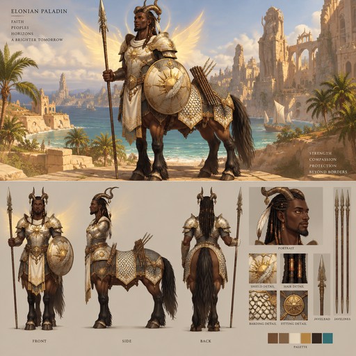 Fantasy character portrait, full body. A young African-inspired centaur paladin, dark brown skin, muscular draft-horse body with dark bay coat and black legs, a small white star marking on the horse chest, two curved antelope-like horns with copper rings, long thin braids with copper beads and one white feather. He wears ornate white and gold heavy armor, a chainmail shirt and scale barding over the horse body. He holds a long spear and a round shield with a golden sun and engraved feather. Quiver of javelins on his flank. A faint golden glow shaped like wings behind his shoulders. Proud, kind expression, amber eyes. Background: sunlit Elonian coast with ancient sandstone monuments and turquoise sea. Painterly concept art style, warm golden light.