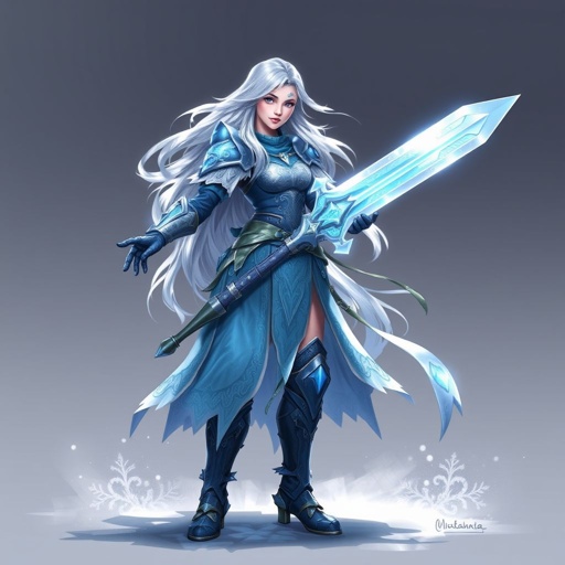 Create a battle woman hero called Alvara the Frostheart. Show full body head to toe including shoes
