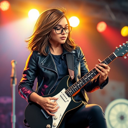 A teenage African American woman with glasses shoulder length brown hair with highlights in a side part style wearing black leather jacket with blue accents black jeans a dark blue shirt on a stage playing a Flying V electric guitar with a band