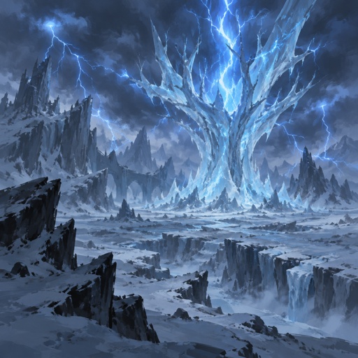 blue lightning storm in a ice waste land, lightning trapped in a ice tree formation